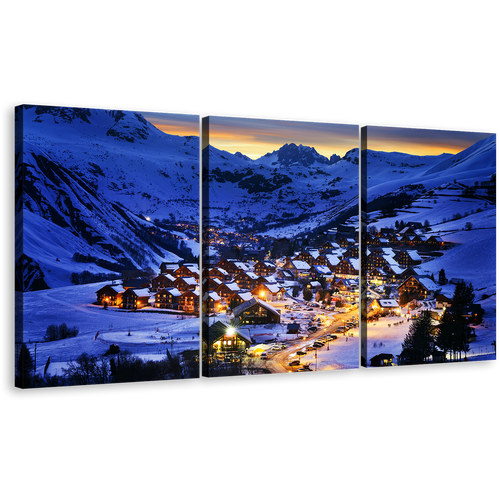 French Alps Canvas Print, France Blue Mountain Landscape 3 Piece Canvas Wall Art, France Yellow Lights Ski Resort Triptych Canvas Set