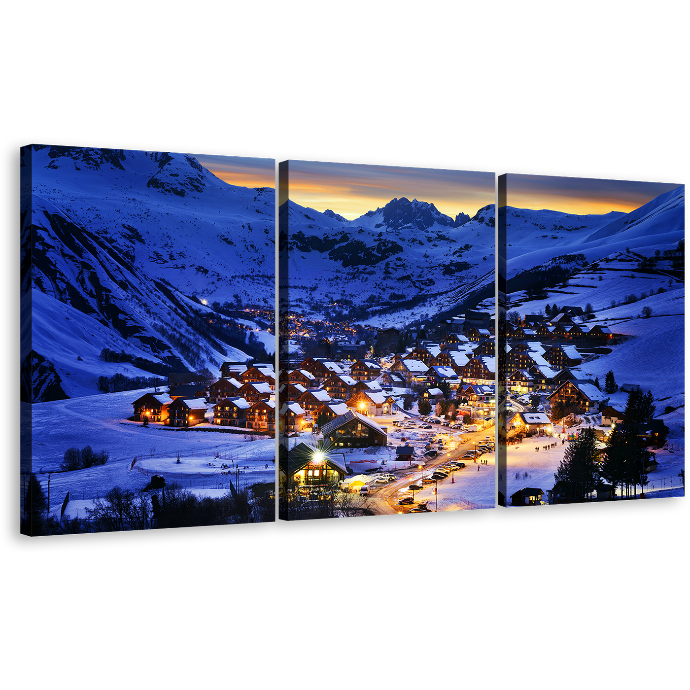 French Alps Canvas Print, France Blue Mountain Landscape 3 Piece Canvas Wall Art, France Yellow Lights Ski Resort Triptych Canvas Set