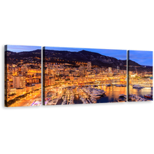 Load image into Gallery viewer, French Riviera Canvas Print, Yellow Monte Carlo Beach Reflection Canvas Set, Blue Sky Monaco Harbors Cityscape 3 Piece Canvas Wall Art
