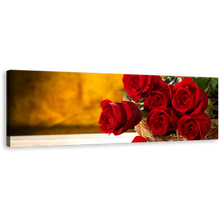 Load image into Gallery viewer, Fresh Roses Wall Art, Red Rose Panoramic Canvas Print, Rosses Brown Wall Background Canvas Art
