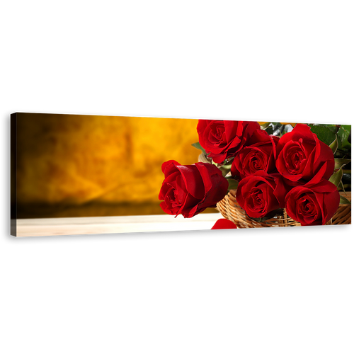 Fresh Roses Wall Art, Red Rose Panoramic Canvas Print, Rosses Brown Wall Background Canvas Art