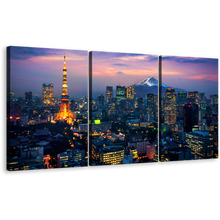 Load image into Gallery viewer, Fuji Mountain Canvas Wall Art, Aerial View of Tokyo Cityscape 3 Piece Canvas, Japan Blue Mountain Canvas Set, Cloudy Purple Sky City Canvas Print
