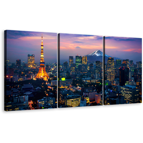 Fuji Mountain Canvas Wall Art, Aerial View of Tokyo Cityscape 3 Piece Canvas, Japan Blue Mountain Canvas Set, Cloudy Purple Sky City Canvas Print