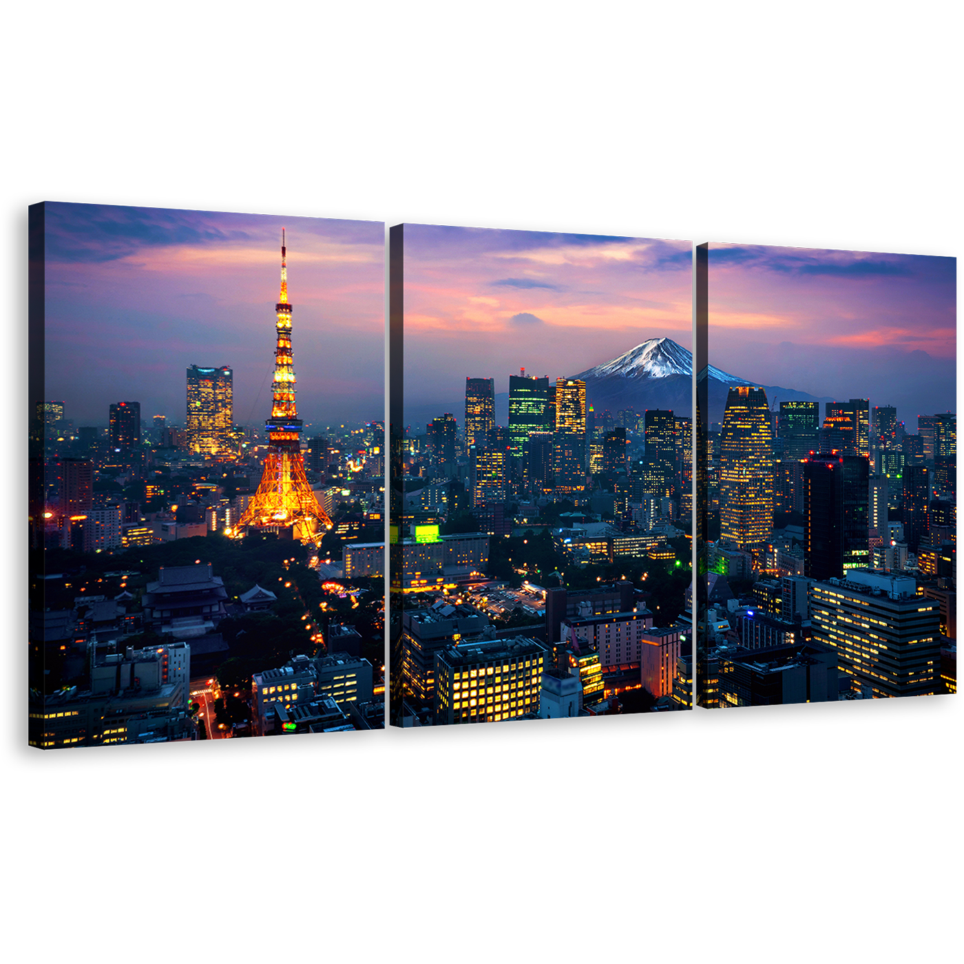 Fuji Mountain Canvas Wall Art, Aerial View of Tokyo Cityscape 3 Piece Canvas, Japan Blue Mountain Canvas Set, Cloudy Purple Sky City Canvas Print