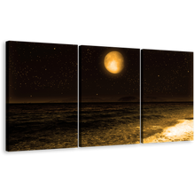 Load image into Gallery viewer, Full Moon Canvas Wall Art, Black Ocean Sandy Rocks 3 Piece Canvas Print, Dark Brown Night Sky Stars Triptych Canvas Set
