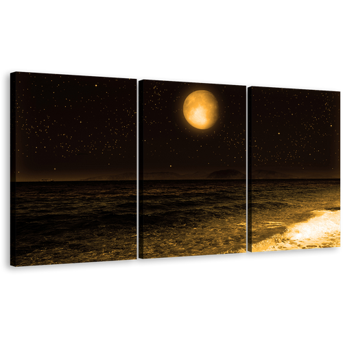 Full Moon Canvas Wall Art, Black Ocean Sandy Rocks 3 Piece Canvas Print, Dark Brown Night Sky Stars Triptych Canvas Set