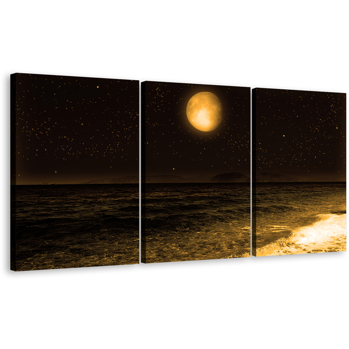 Full Moon Canvas Wall Art, Black Ocean Sandy Rocks 3 Piece Canvas Print, Dark Brown Night Sky Stars Triptych Canvas Set