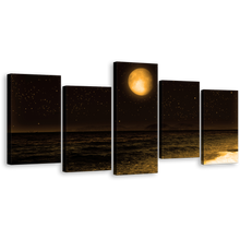 Load image into Gallery viewer, Full Moon Canvas Wall Art, Black Ocean Sandy Rocks 5 Piece Multi Canvas Artwork, Dark Brown Night Sky Stars Canvas Print
