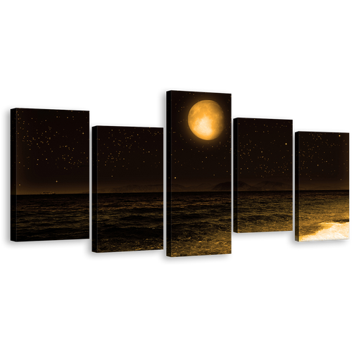 Full Moon Canvas Wall Art, Black Ocean Sandy Rocks 5 Piece Multi Canvas Artwork, Dark Brown Night Sky Stars Canvas Print