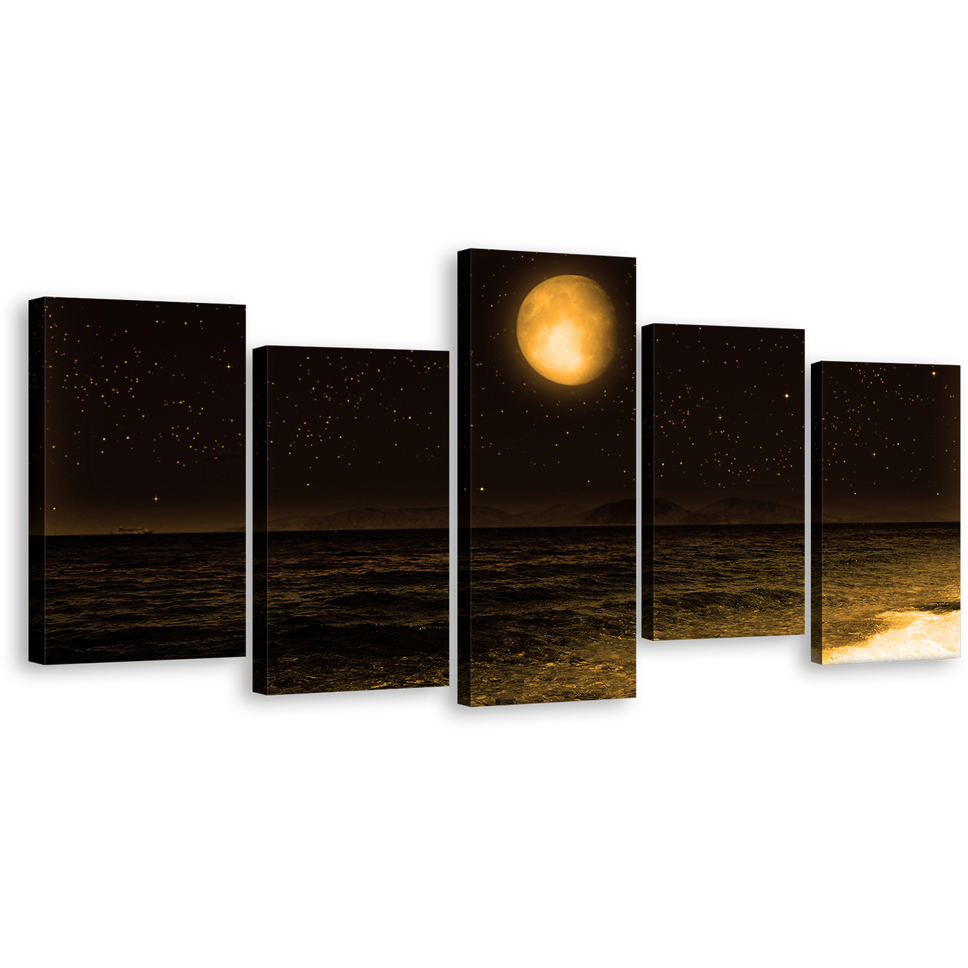 Full Moon Canvas Wall Art, Black Ocean Sandy Rocks 5 Piece Multi Canvas Artwork, Dark Brown Night Sky Stars Canvas Print