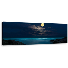 Load image into Gallery viewer, Full Moon Canvas Wall Art, Blue Cloudy Ocean at Night 1 Piece Canvas Print, Brown Rock Beach Canvas Artwork
