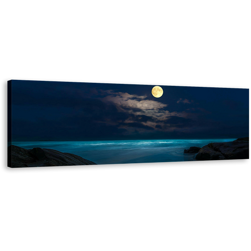 Full Moon Canvas Wall Art, Blue Cloudy Ocean at Night 1 Piece Canvas Print, Brown Rock Beach Canvas Artwork