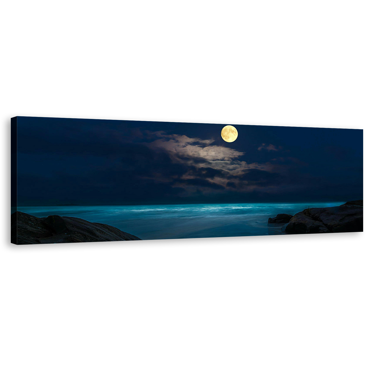 Full Moon Canvas Wall Art, Blue Cloudy Ocean at Night 1 Piece Canvas Print, Brown Rock Beach Canvas Artwork