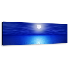 Load image into Gallery viewer, Full Moon Canvas Wall Art, Blue Night Ocean Sky Panoramic Canvas Print, White Calm Ocean Waves Canvas Artwork
