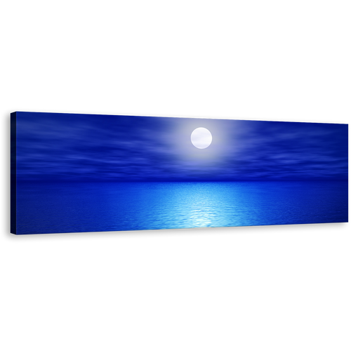 Full Moon Canvas Wall Art, Blue Night Ocean Sky Panoramic Canvas Print, White Calm Ocean Waves Canvas Artwork