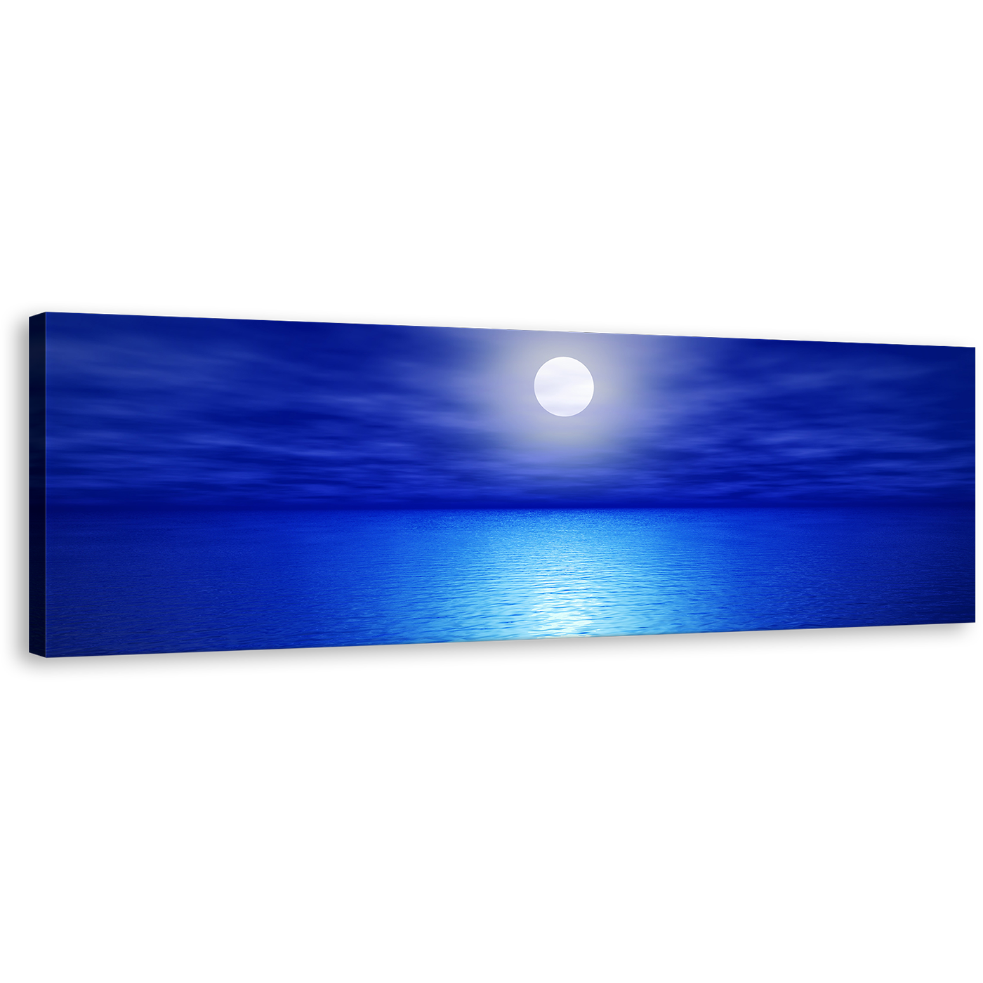 Full Moon Canvas Wall Art, Blue Night Ocean Sky Panoramic Canvas Print, White Calm Ocean Waves Canvas Artwork