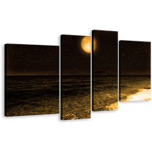 Load image into Gallery viewer, Full Moon Canvas Wall Art, Dark Brown Night Sky Stars Canvas Print, Black Ocean Sandy Rocks 4 Piece Multiple Canvas
