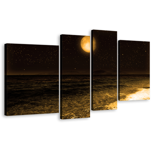 Full Moon Canvas Wall Art, Dark Brown Night Sky Stars Canvas Print, Black Ocean Sandy Rocks 4 Piece Multiple Canvas