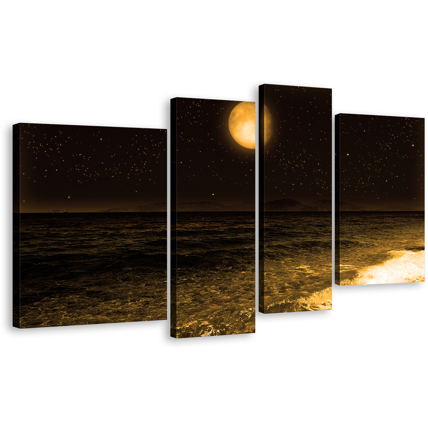 Full Moon Canvas Wall Art, Dark Brown Night Sky Stars Canvas Print, Black Ocean Sandy Rocks 4 Piece Multiple Canvas