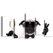 Load image into Gallery viewer, Funny Dog Canvas Wall Art, White Black Cool Pug Multi Canvas Artwork, New Year Dog 5 Piece Canvas Set
