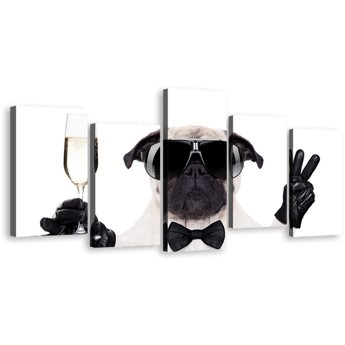 Funny Dog Canvas Wall Art, White Black Cool Pug Multi Canvas Artwork, New Year Dog 5 Piece Canvas Set