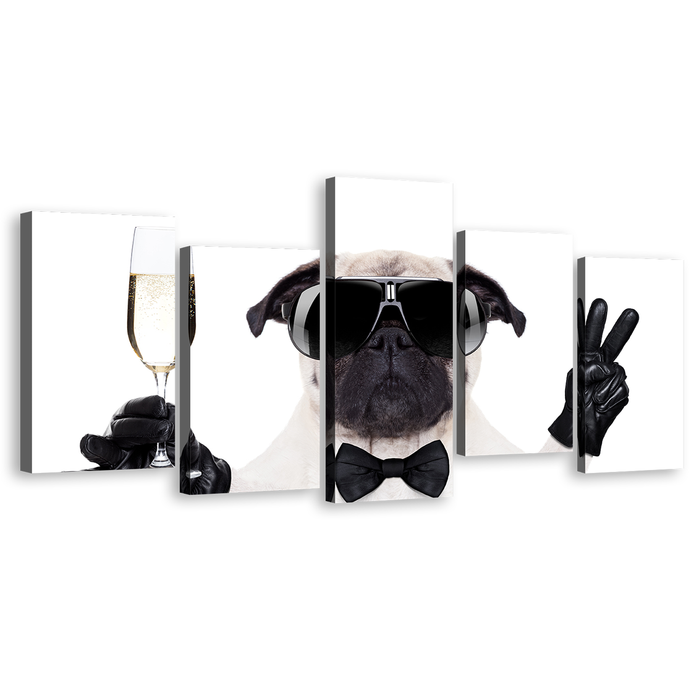 Funny Dog Canvas Wall Art, White Black Cool Pug Multi Canvas Artwork, New Year Dog 5 Piece Canvas Set