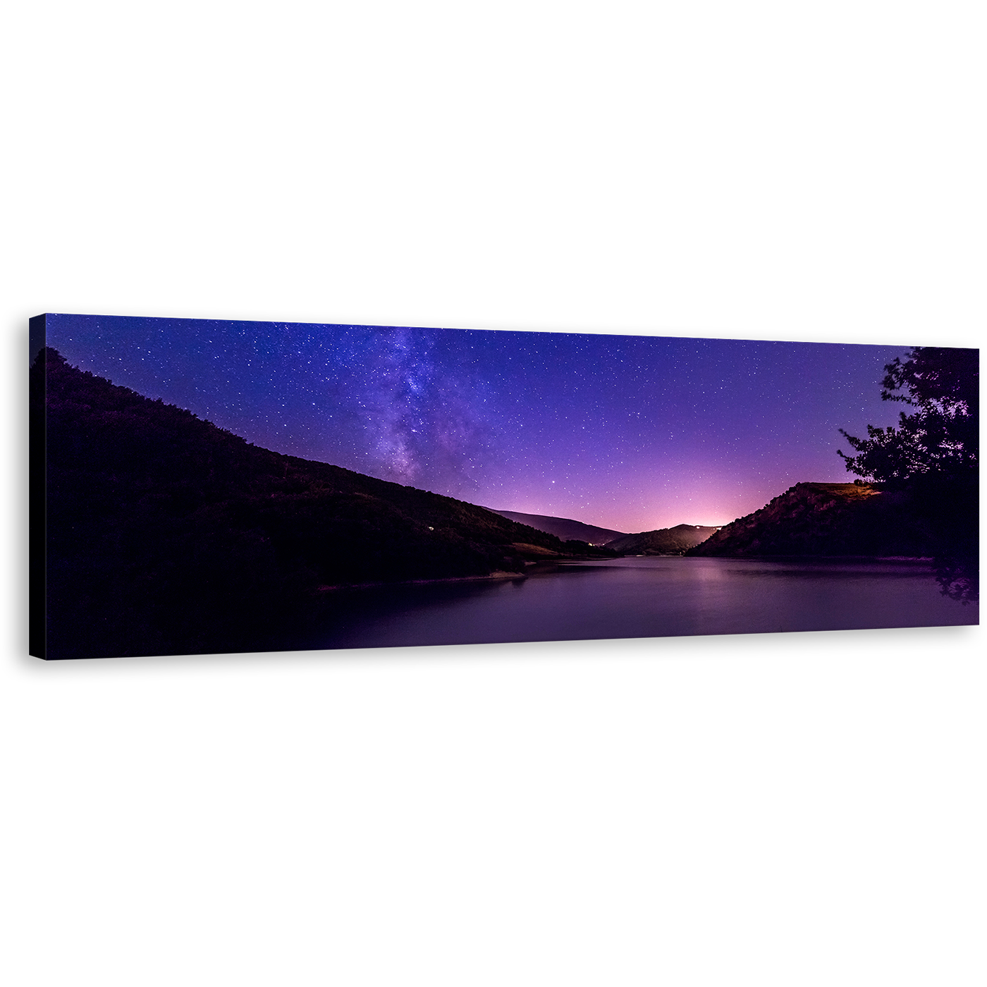 Galaxy Mountain Canvas Print, Blue Starry Night Lake Wall Art, Purple Mountain River Panoramic Canvas Art