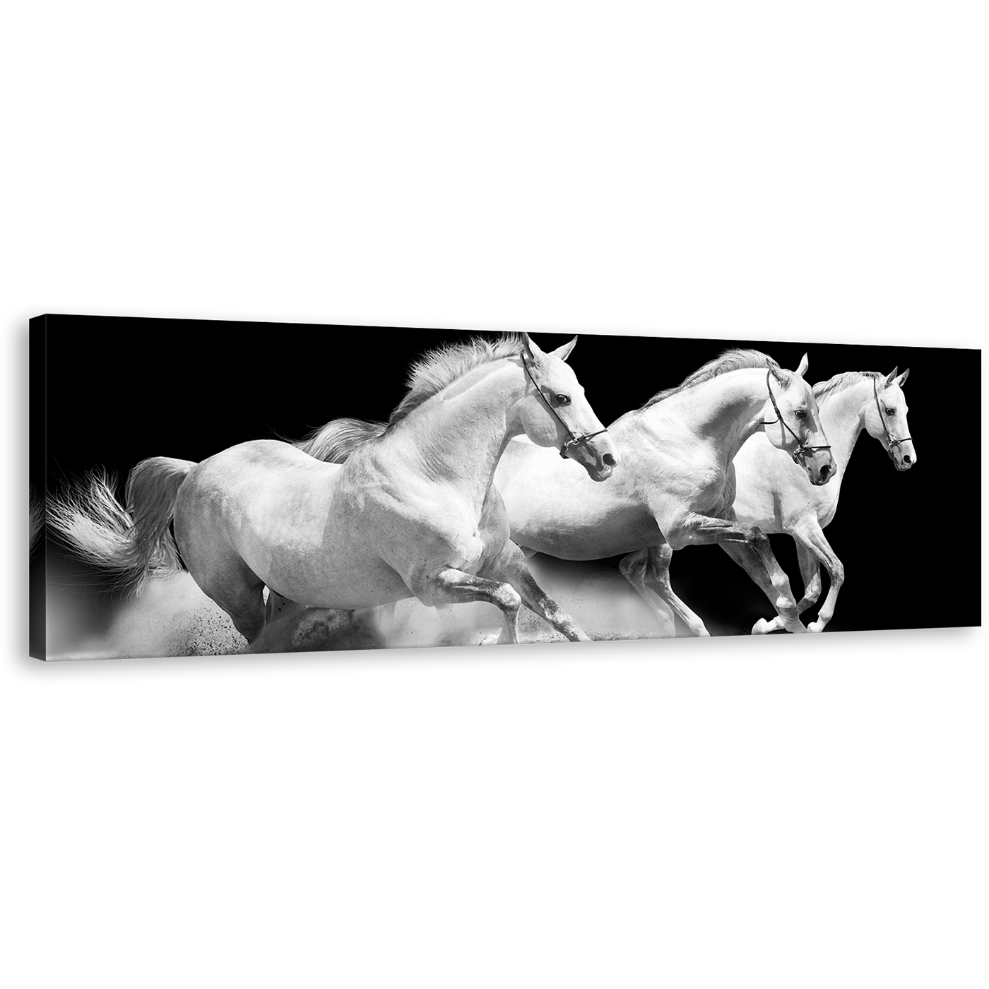 Galloping Horses Canvas Wall Art, Running Horses Stallions Canvas Print, Herd Of Grey White Horses 1 Piece Canvas