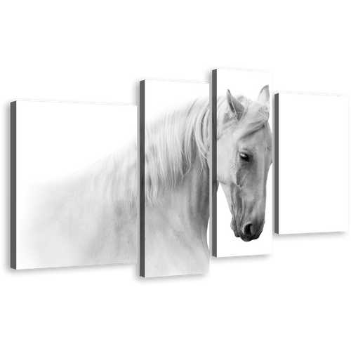 Gelding Horse Canvas Wall Art, Isolated White Grey Horse 4 Piece Canvas Set, Gelding Horse Canvas Print