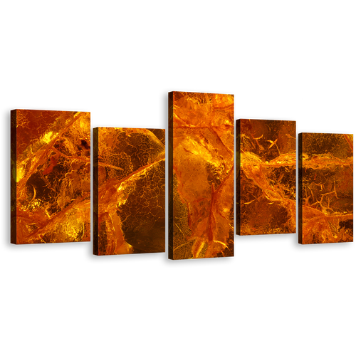 Gemstone Abstract Canvas Wall Art, Contemporary Amber Stone Close Up Canvas Print, Orange Brown Abstract 5 Piece Canvas