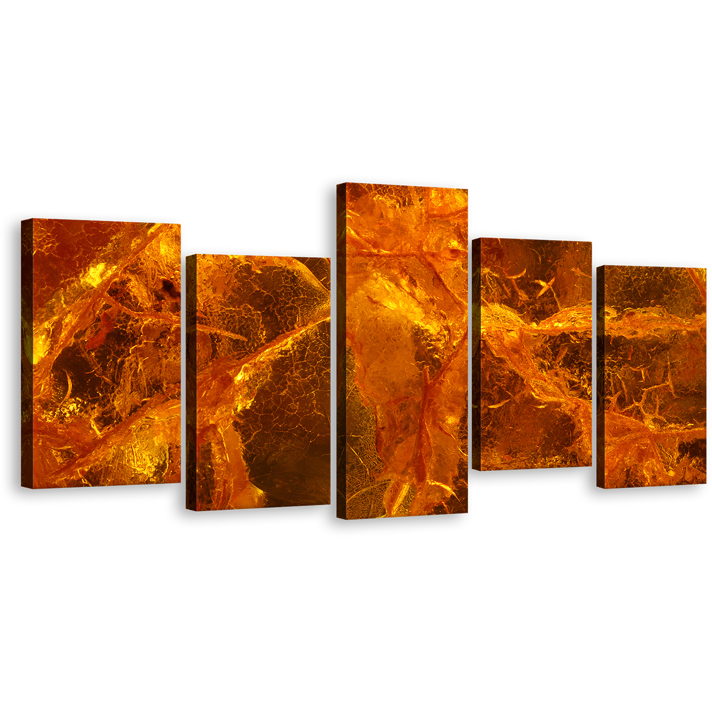 Gemstone Abstract Canvas Wall Art, Contemporary Amber Stone Close Up Canvas Print, Orange Brown Abstract 5 Piece Canvas