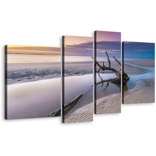 Georgia Ocean Canvas Print, White Driftwood Beach 4 Piece Canvas Wall Art, Yellow Sky Ocean Beach Multi Canvas Artwork