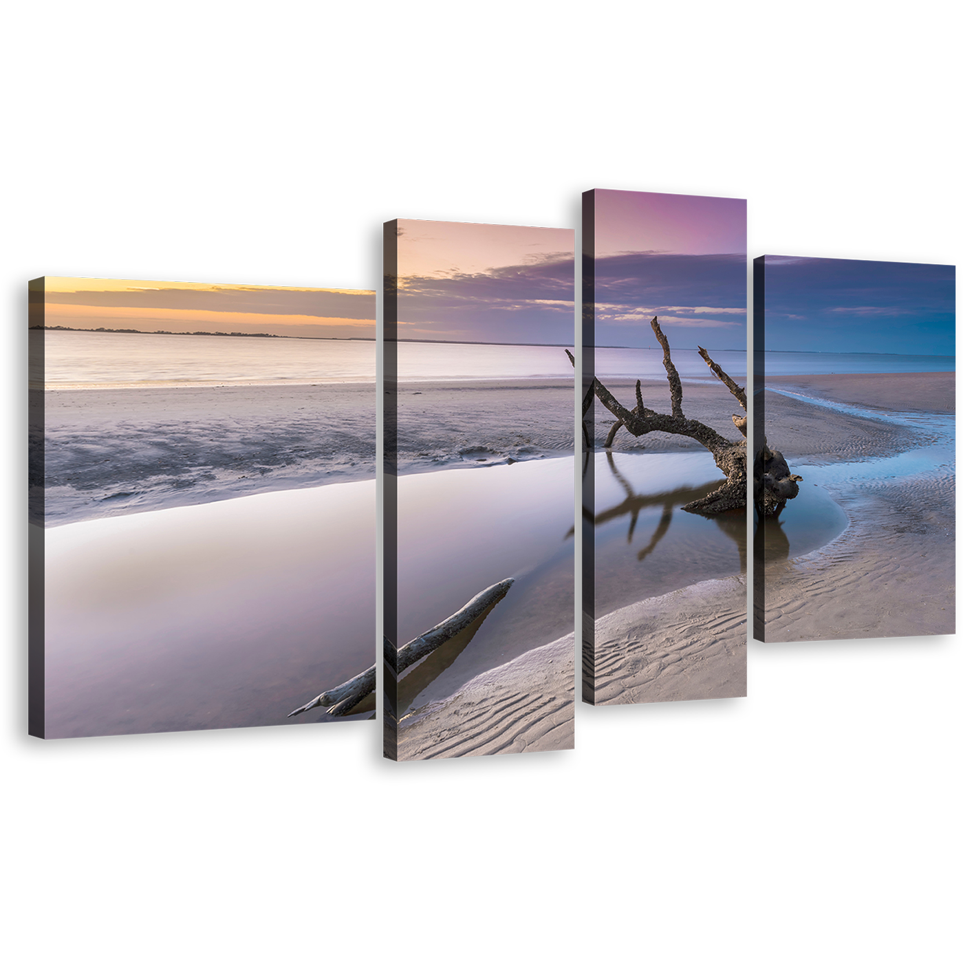 Georgia Ocean Canvas Print, White Driftwood Beach 4 Piece Canvas Wall Art, Yellow Sky Ocean Beach Multi Canvas Artwork