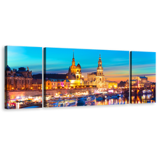 Load image into Gallery viewer, Germany Town Wall Art, Gold Dawn Saxony Skyline Dresden Harbor Embankment 3 Piece Multi Canvas, Blue Sky Elbe River Canvas Print
