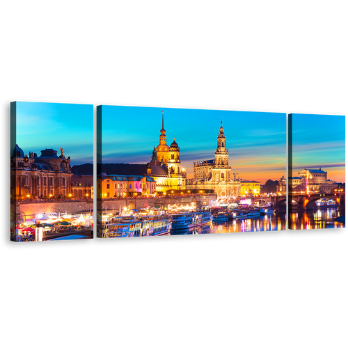 Germany Town Wall Art, Gold Dawn Saxony Skyline Dresden Harbor Embankment 3 Piece Multi Canvas, Blue Sky Elbe River Canvas Print