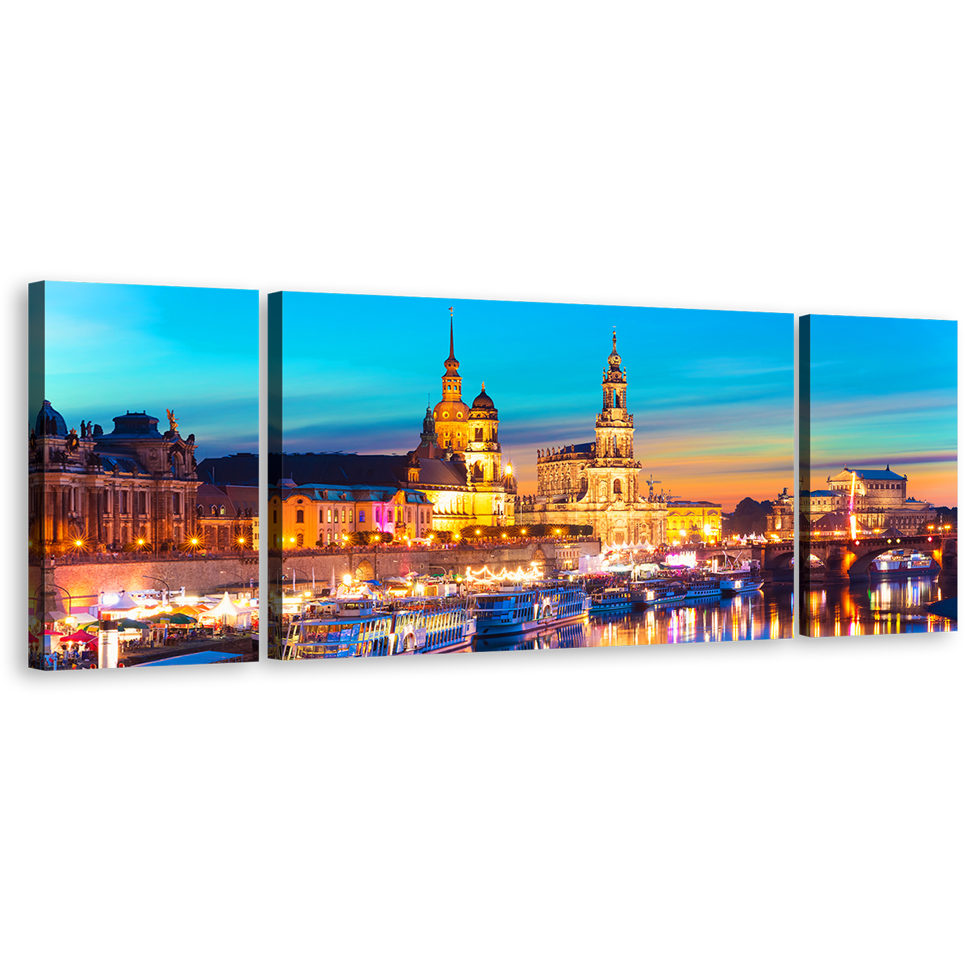 Germany Town Wall Art, Gold Dawn Saxony Skyline Dresden Harbor Embankment 3 Piece Multi Canvas, Blue Sky Elbe River Canvas Print