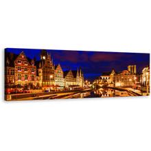 Load image into Gallery viewer, Ghent City Canvas Print, Blue Sky Belgium Canals Panoramic Wall Art, Gold Graslei Belgium Harbor City Reflection Canvas Art
