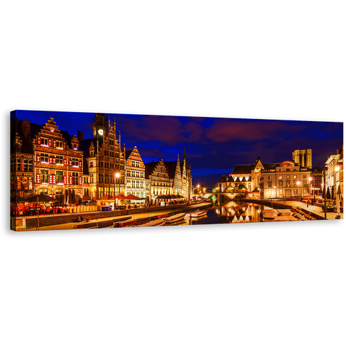 Ghent City Canvas Print, Blue Sky Belgium Canals Panoramic Wall Art, Gold Graslei Belgium Harbor City Reflection Canvas Art