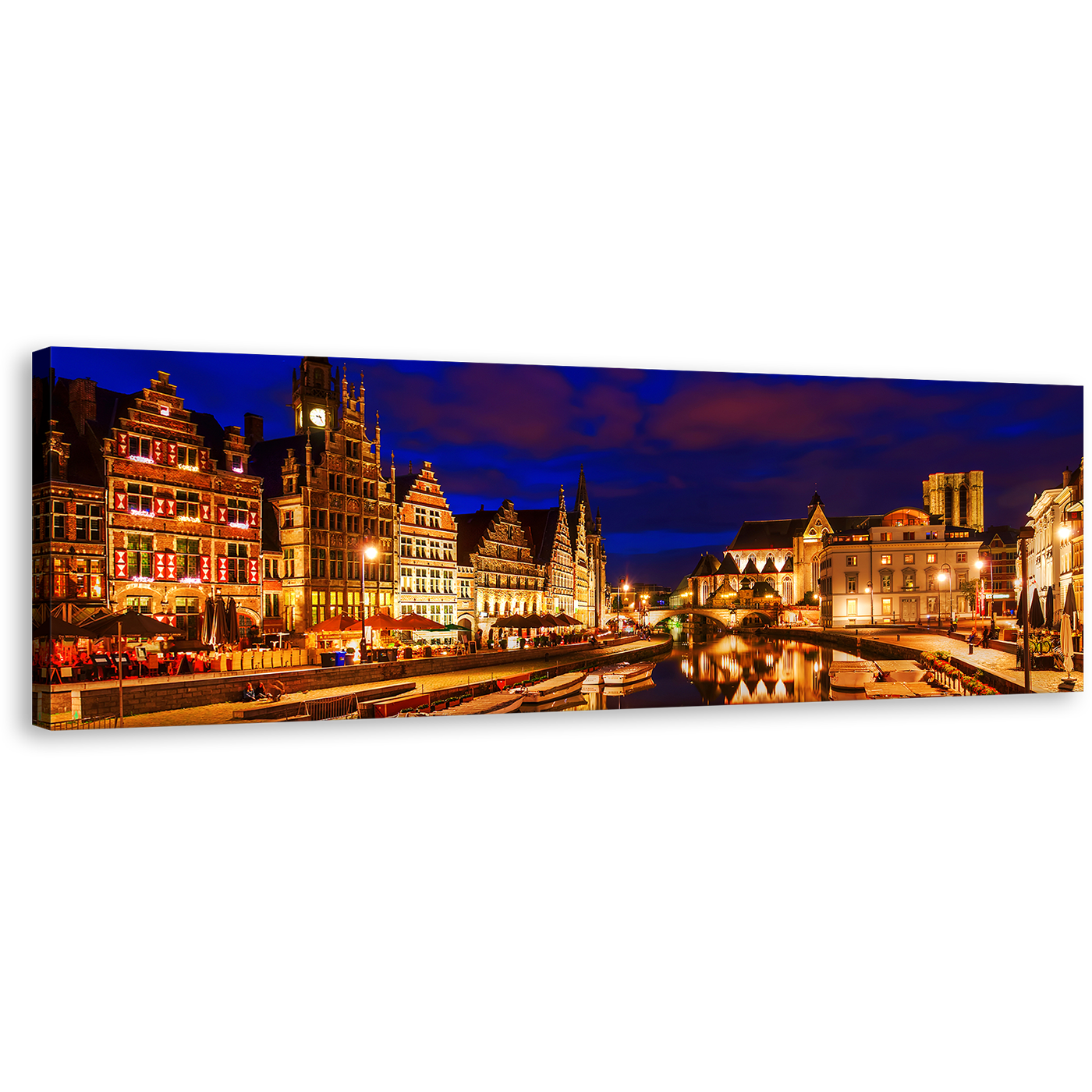 Ghent City Canvas Print, Blue Sky Belgium Canals Panoramic Wall Art, Gold Graslei Belgium Harbor City Reflection Canvas Art