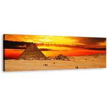 Load image into Gallery viewer, Giza Necropolis Canvas Wall Art, Egypt Brown Camel Desert Wide Canvas, Yellow Cloudy Sunset Sky Pyramid 1 Piece Canvas Print
