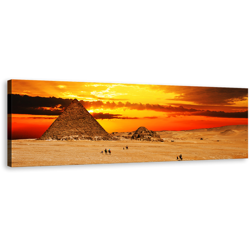 Giza Necropolis Canvas Wall Art, Egypt Brown Camel Desert Wide Canvas, Yellow Cloudy Sunset Sky Pyramid 1 Piece Canvas Print