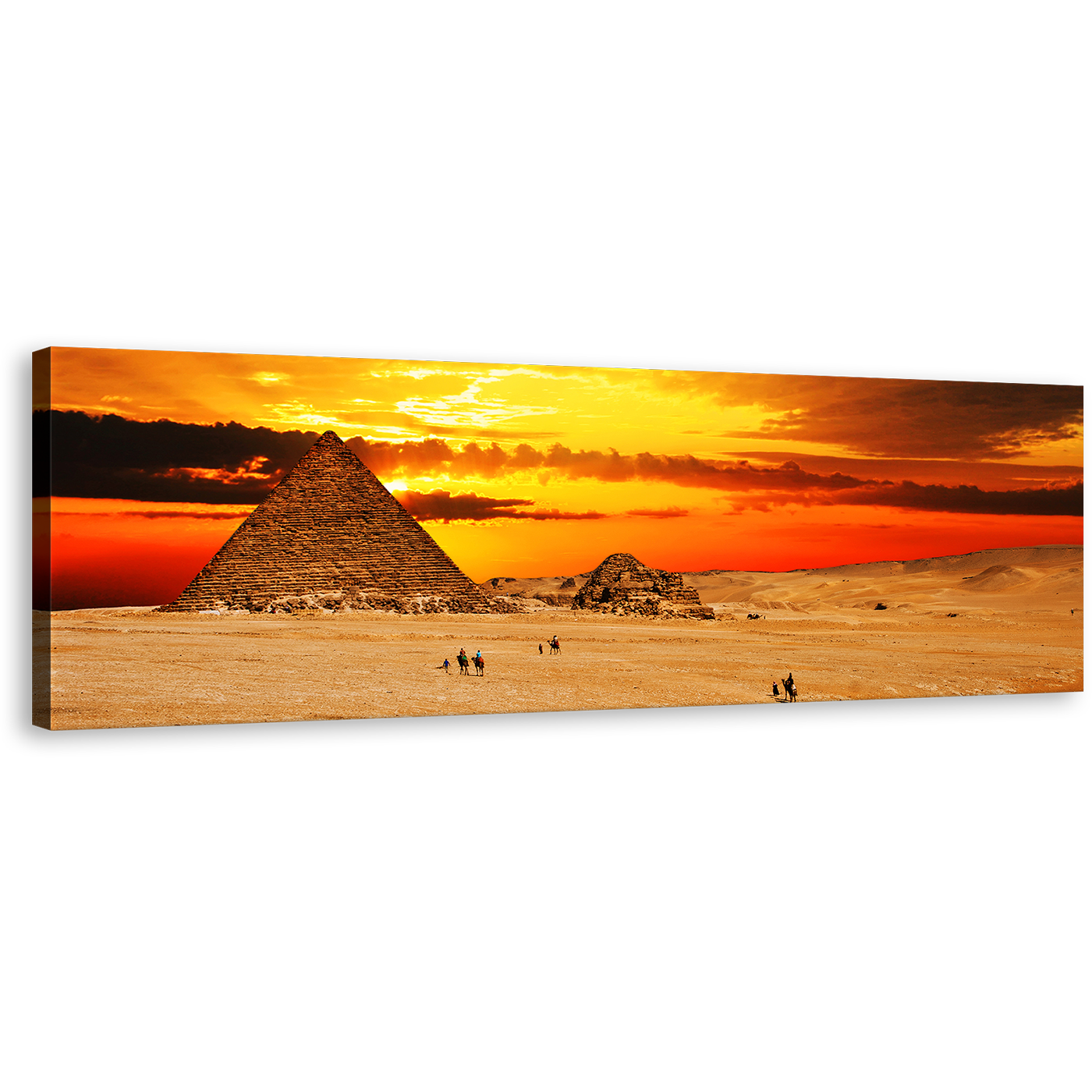 Giza Necropolis Canvas Wall Art, Egypt Brown Camel Desert Wide Canvas, Yellow Cloudy Sunset Sky Pyramid 1 Piece Canvas Print