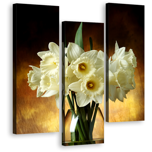 Glass Vase Wall Art, Brown Background Flowers 3 Piece Canvas Print, Beautiful White Tall Bouquet Multi Canvas