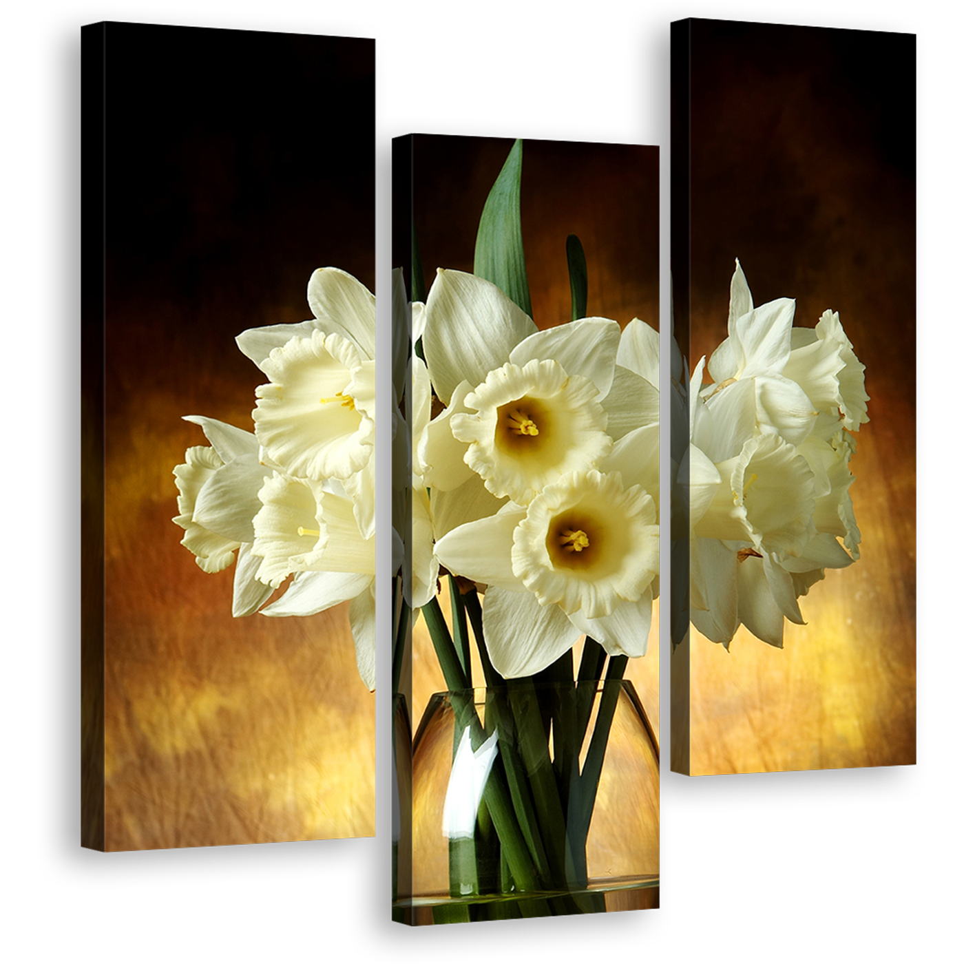 Glass Vase Wall Art, Brown Background Flowers 3 Piece Canvas Print, Beautiful White Tall Bouquet Multi Canvas