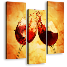 Load image into Gallery viewer, Glasses Cheers Canvas Print, Red Wine Glasses 3 Piece Wall Art, Yellow Orange Background Canvas Multi-panel Art
