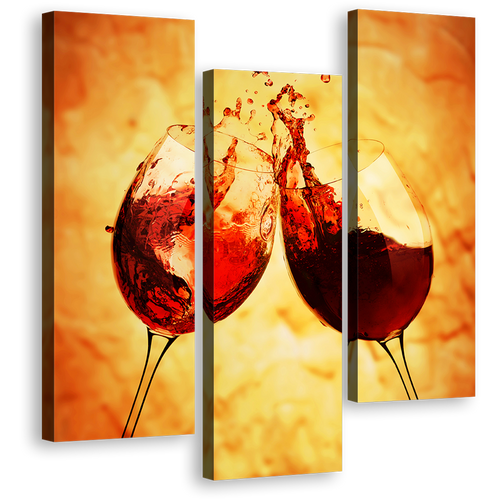 Glasses Cheers Canvas Print, Red Wine Glasses 3 Piece Wall Art, Yellow Orange Background Canvas Multi-panel Art