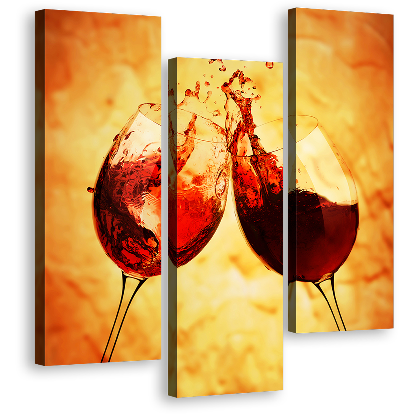 Glasses Cheers Canvas Print, Red Wine Glasses 3 Piece Wall Art, Yellow Orange Background Canvas Multi-panel Art