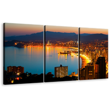 Load image into Gallery viewer, Glowing Coastline Wall Art, Yellow Benidorm City Beach Triptych Canvas Print, Amazing Blue Night City Beach Multi Canvas
