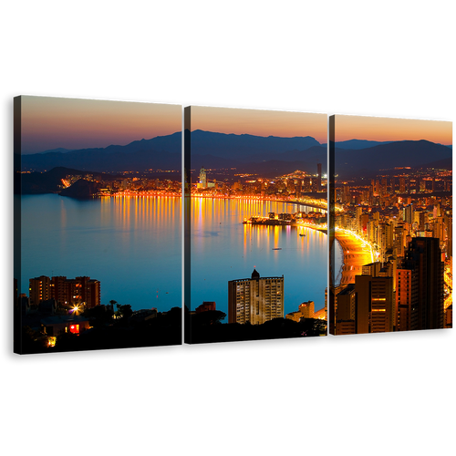 Glowing Coastline Wall Art, Yellow Benidorm City Beach Triptych Canvas Print, Amazing Blue Night City Beach Multi Canvas