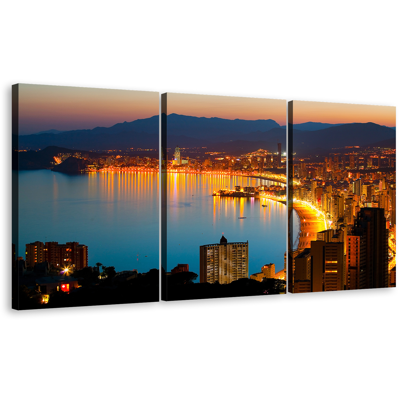 Glowing Coastline Wall Art, Yellow Benidorm City Beach Triptych Canvas Print, Amazing Blue Night City Beach Multi Canvas